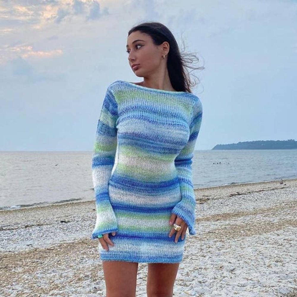 Sweetkama Backless Blue & Green Striped Knit Sweater Dress NWT L